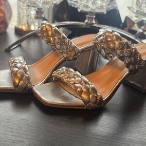 Braided Double-Strap Metallic Slide Heels - Silver